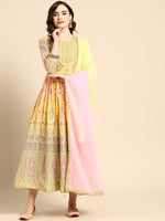 Thumbnail for Sangria Women Yellow & Pink Floral Printed Anarkali Kurta - Distacart