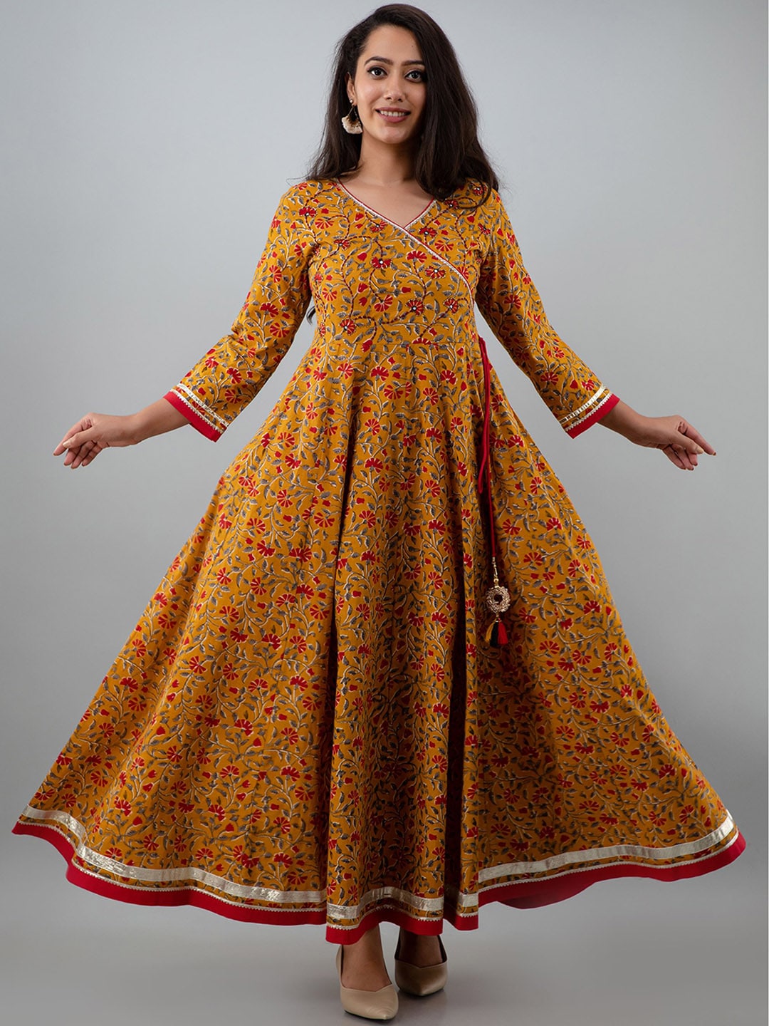 Kalini Women Mustard Yellow & Red Ethnic Motifs Printed Angrakha Anarkali Kurta - Distacart