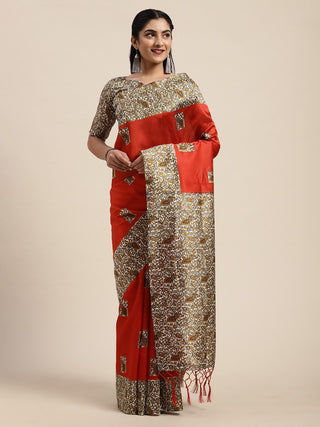 Saree Mall Rust Red & Orange Art Silk Printed Bhagalpuri Saree - Distacart