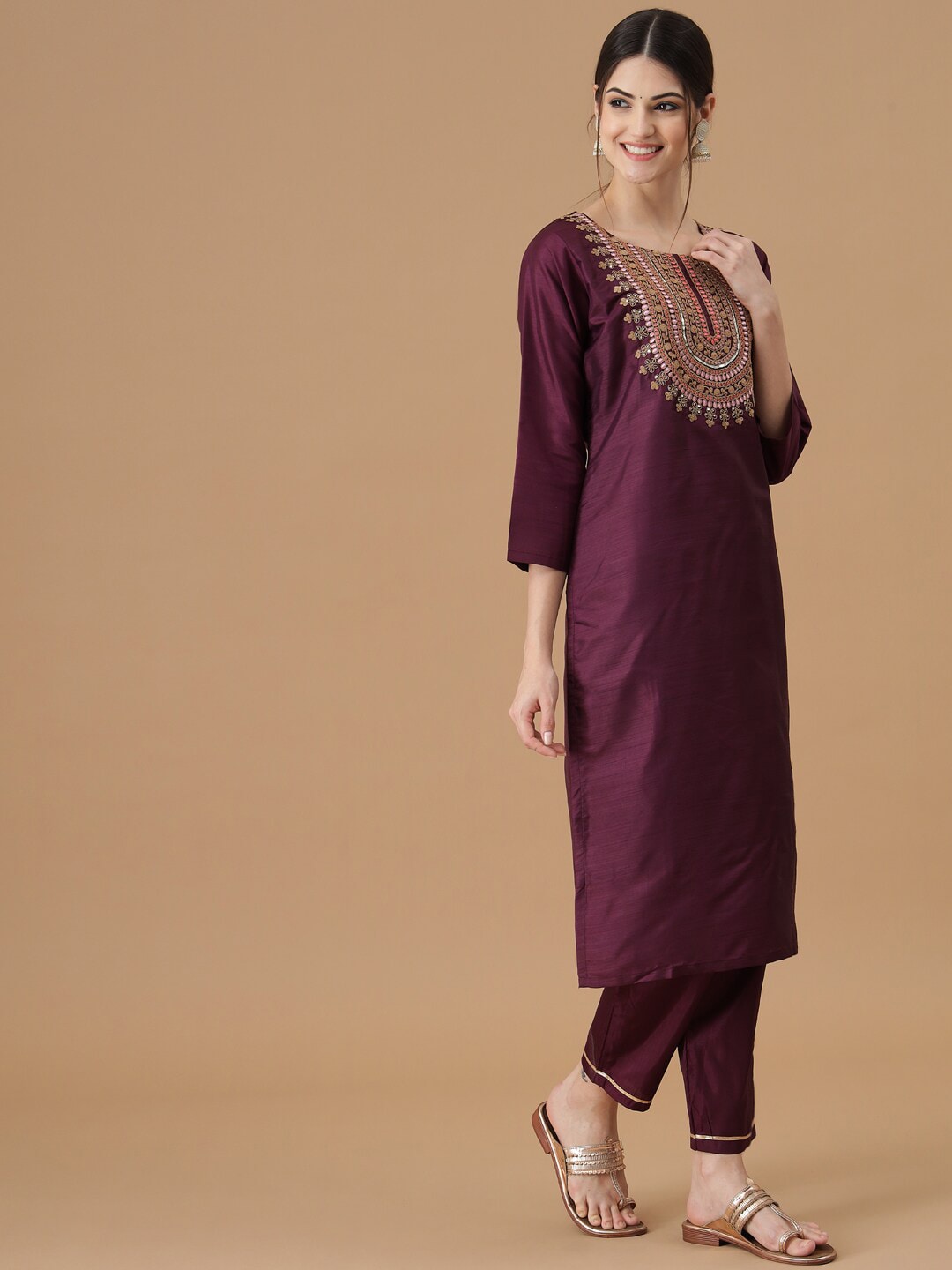 Kalini Ethnic Motifs Yoke Design Regular Thread Work Kurta with Trousers & With Dupatta - Distacart