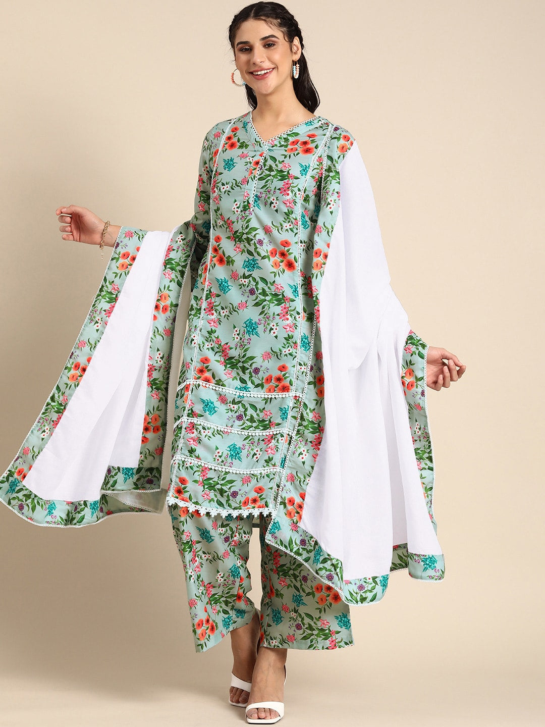 Sangria Women V-Neck Floral Printed Regular Kurta with Palazzos & With Dupatta - Distacart