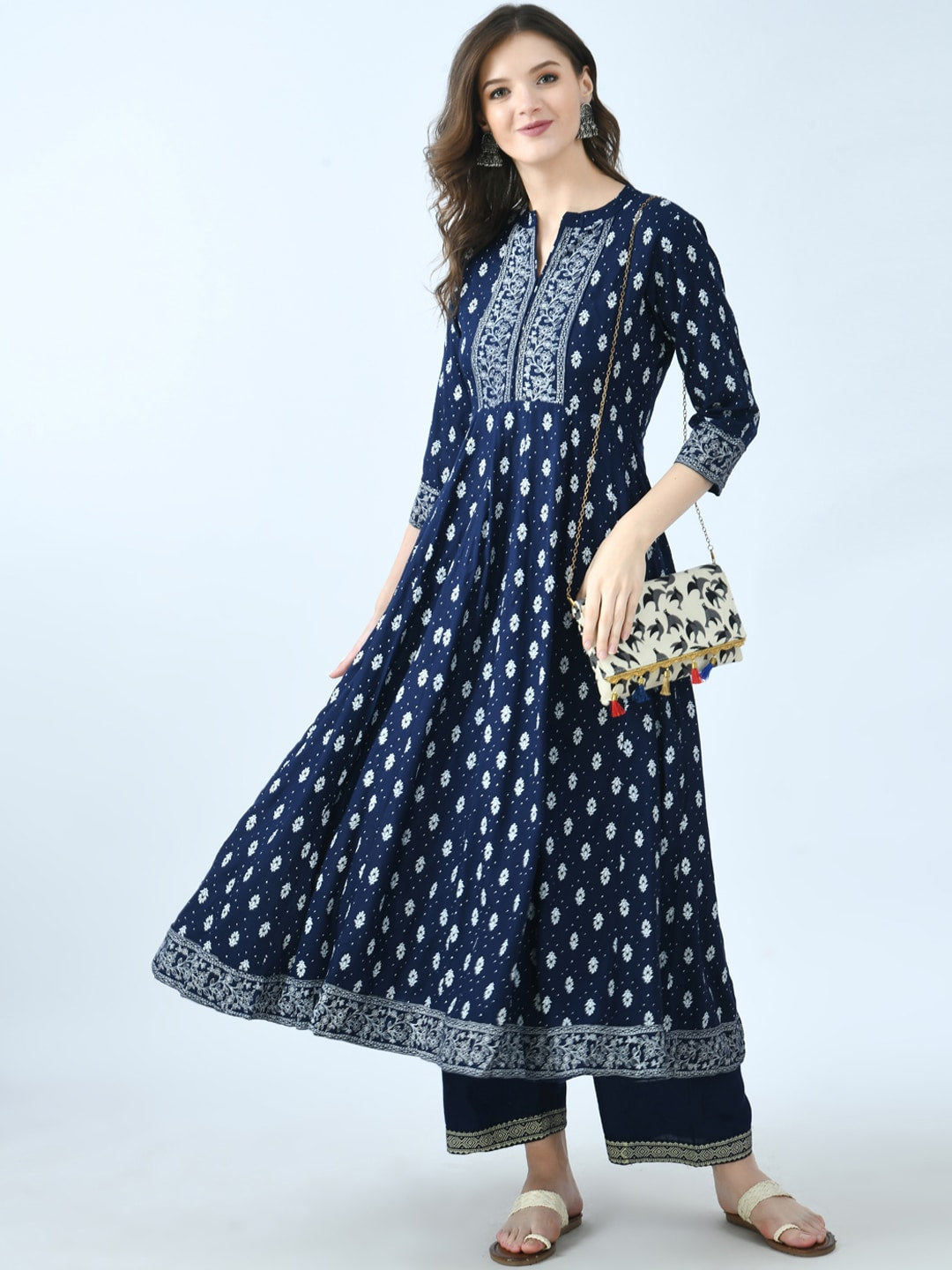 Kalini Ethnic Motifs Printed Mandarin Collar Anarkali Kurta With Palazzos - Distacart