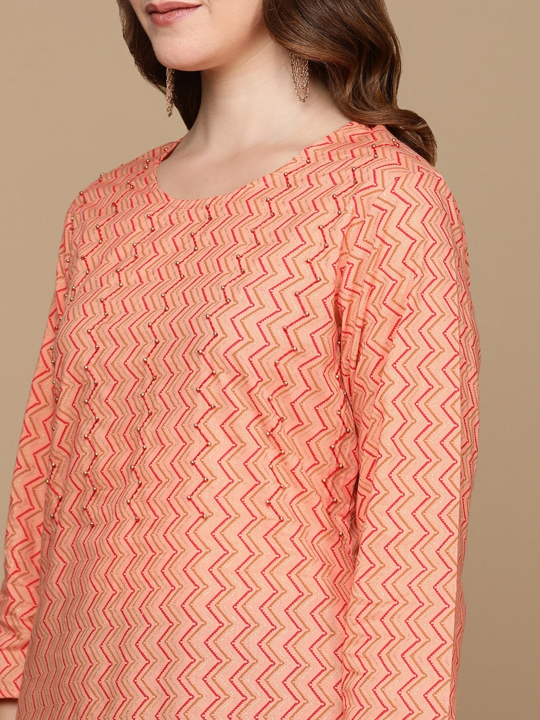 HERE&NOW Peach-Color & Red Chevron Printed Beads Pure Cotton Kurta - Distacart