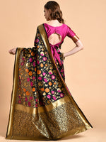 Thumbnail for Sangria Black & Pink Floral Zari Silk Blend Banarasi Saree - Distacart