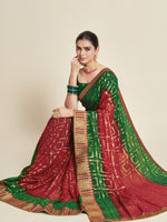 Thumbnail for Sangria Red & Green Woven Design Zari Poly Georgette Bandhani Saree - Distacart