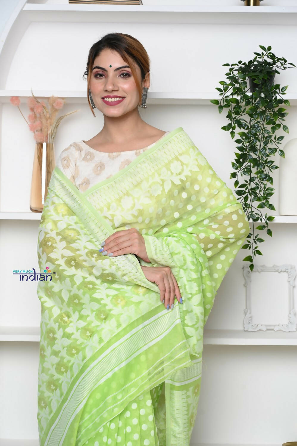 Very Much Indian Jamdhani Cotton Saree - Pista Green - Distacart