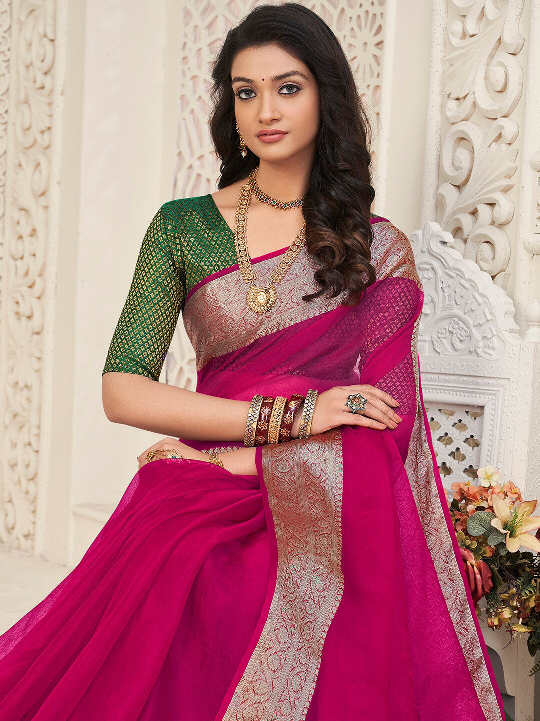 Mitera Magenta & Gold-Toned Woven Design Zari Organza Saree - Distacart