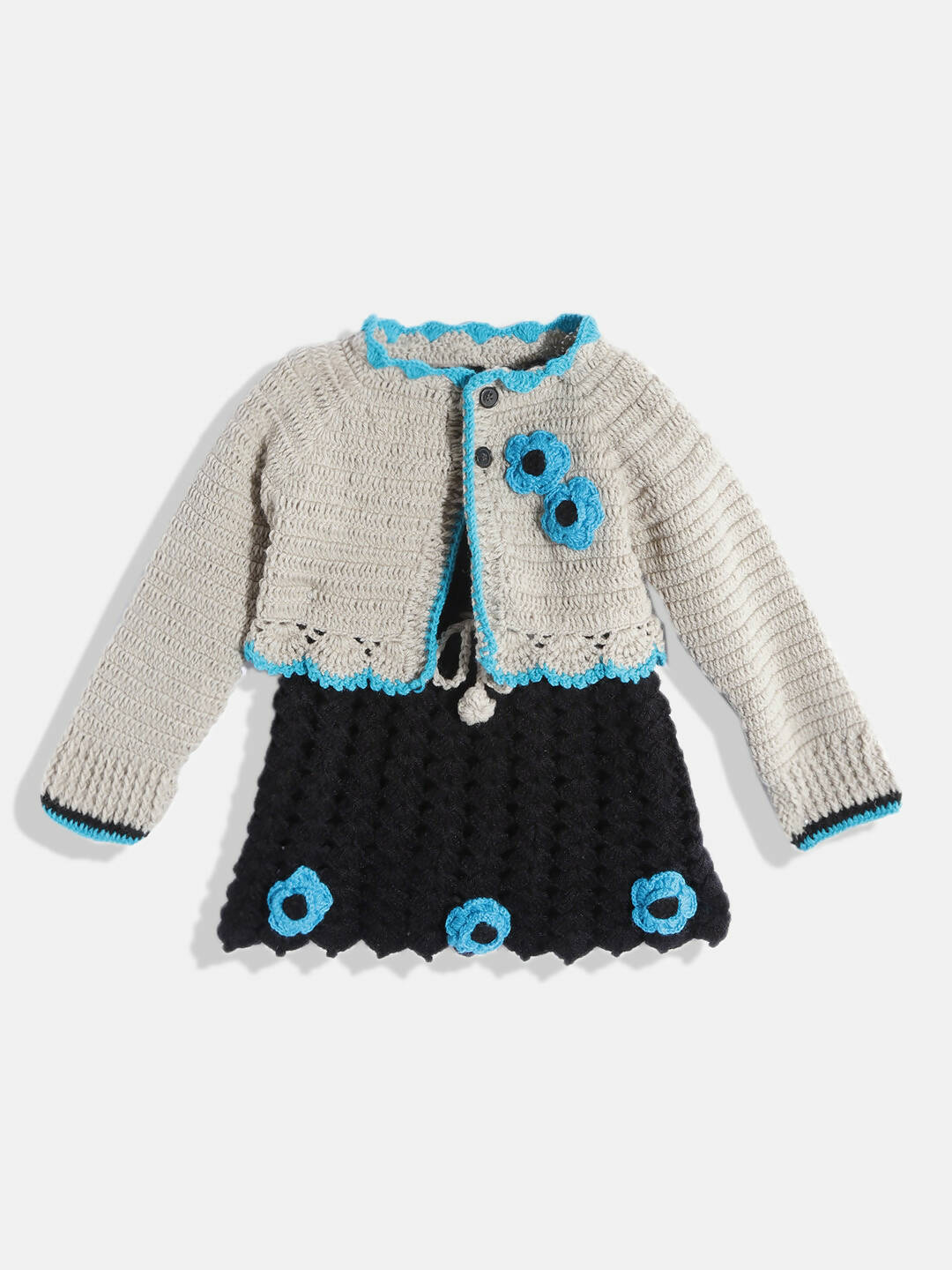 Chutput Kids Woollen Hand Knitted Full Sleeves Cardigan With Short Sleeves Flower Work Dress - Grey - Distacart