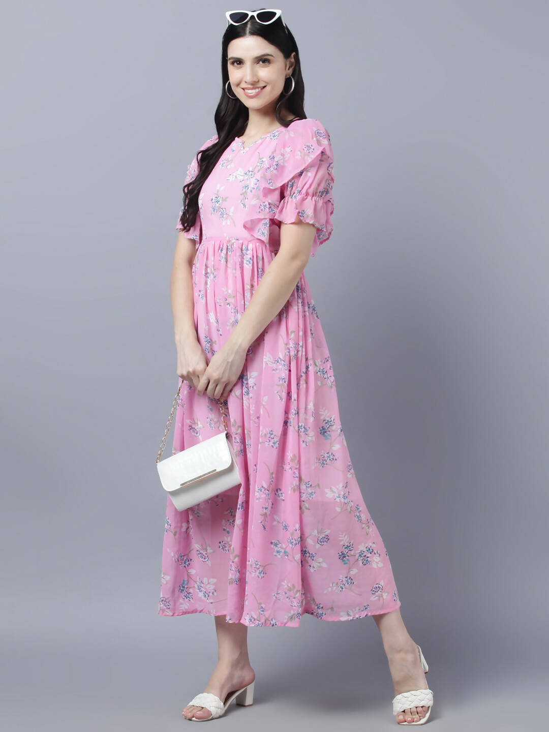 Myshka Women Pink Printed Fit and Flare Dress - Distacart