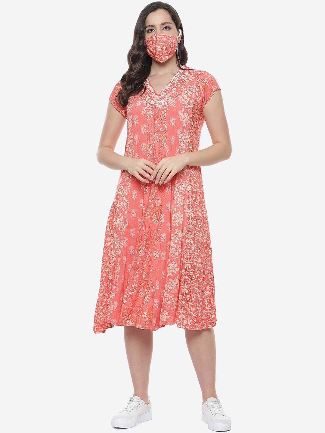 Biba Women Coral Ethnic Motifs Printed Anarkali Kurta - Distacart
