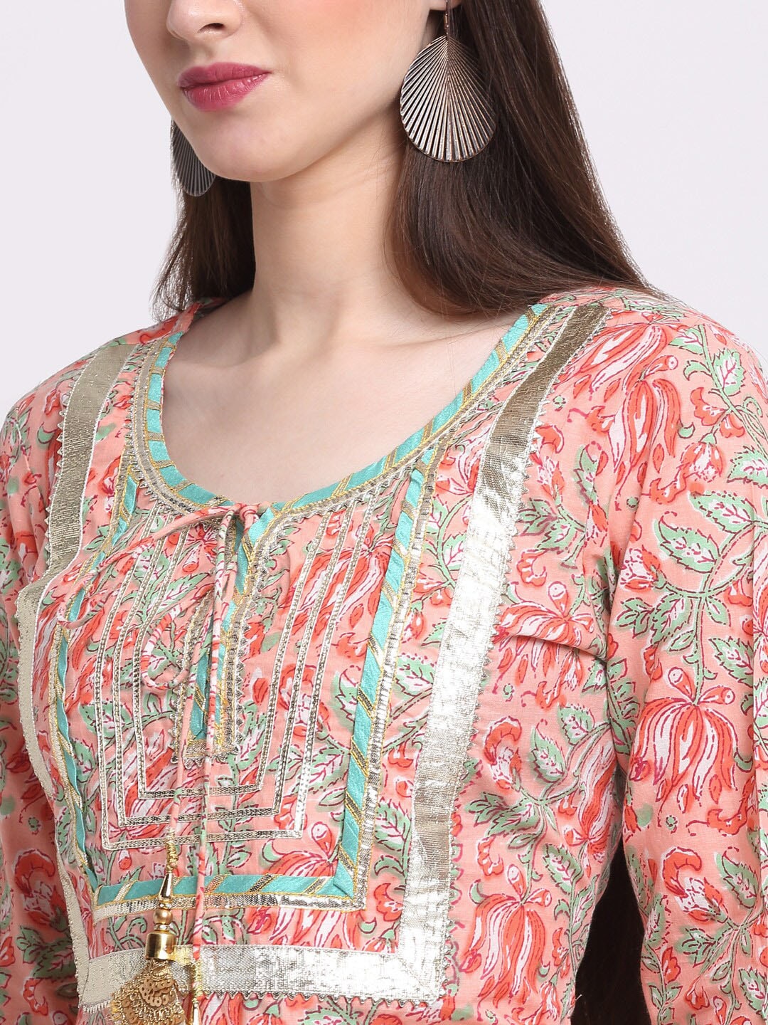 Kalini Women Peach-Coloured Paisley Printed Pure Cotton Kurta with Trousers & With Dupatta - Distacart