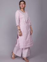Thumbnail for HERE&NOW Pink Ethnic Motifs Embroidered Sequinned Pure Cotton Kurta with Palazzos - Distacart