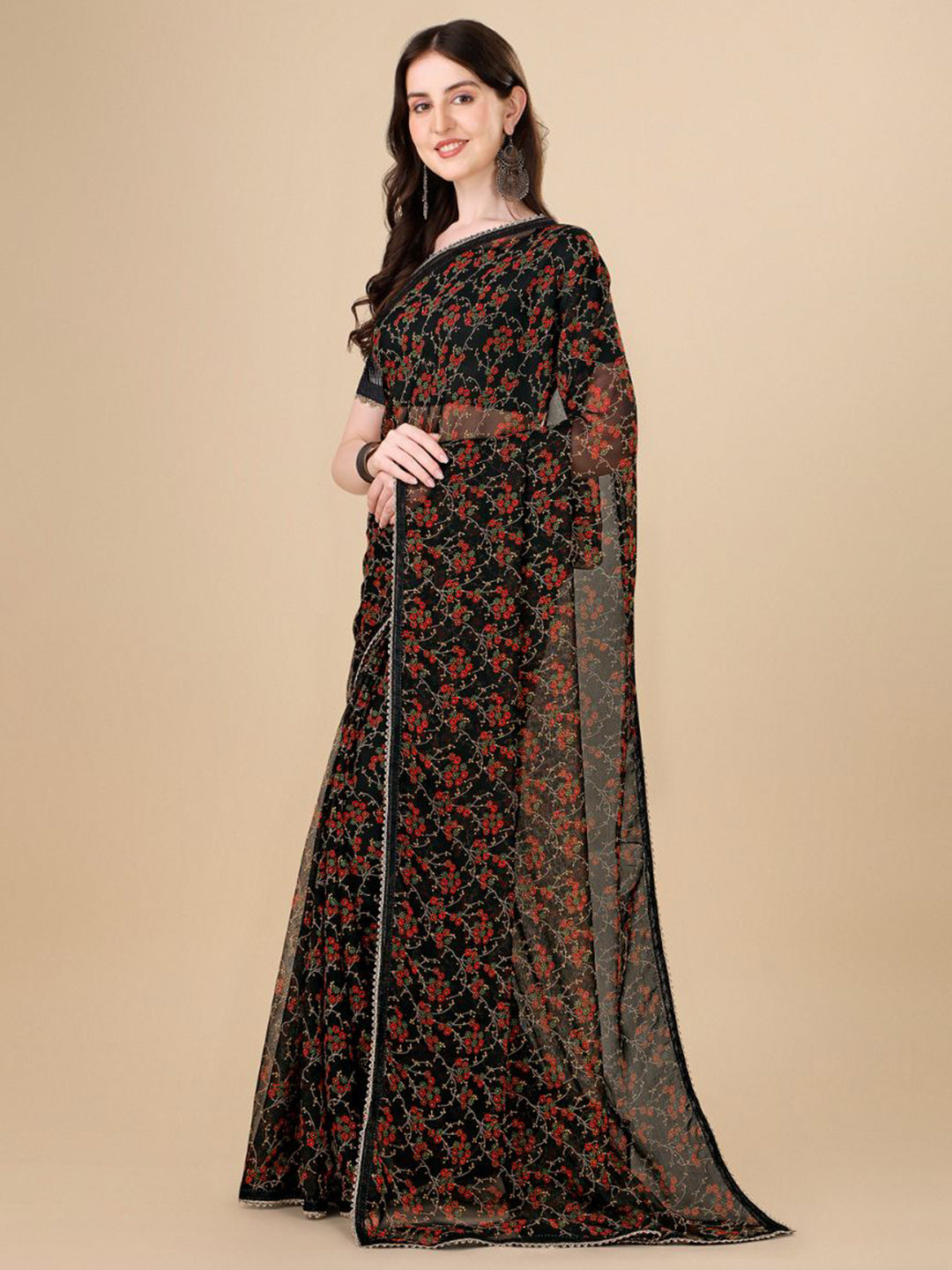 Sangria Black Floral Printed Gotta Patti Detail Pure Chiffon Saree - Distacart