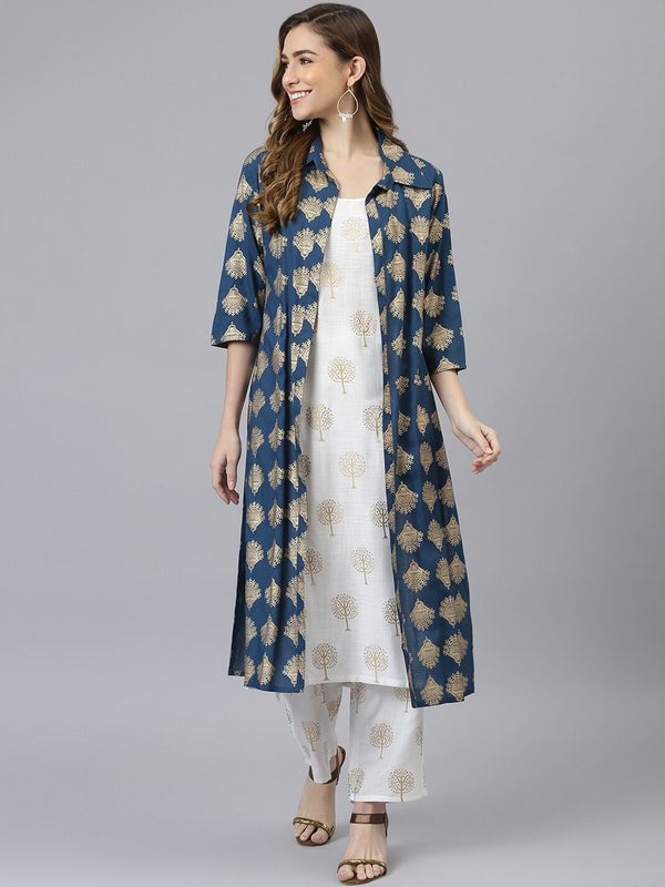 Khushal K Women Blue Ethnic Motifs Printed Kurta & Palazzos with Jacket - Distacart