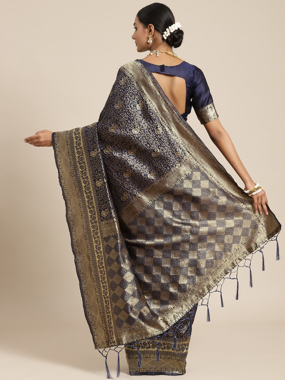 Saree Mall Navy Blue & Gold-Toned Ethnic Motifs Zari Silk Blend Banarasi Sarees - Distacart