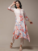 Thumbnail for Biba Floral Printed Thread Work Beads Detail A-Line Asymmetric Kurta - Distacart