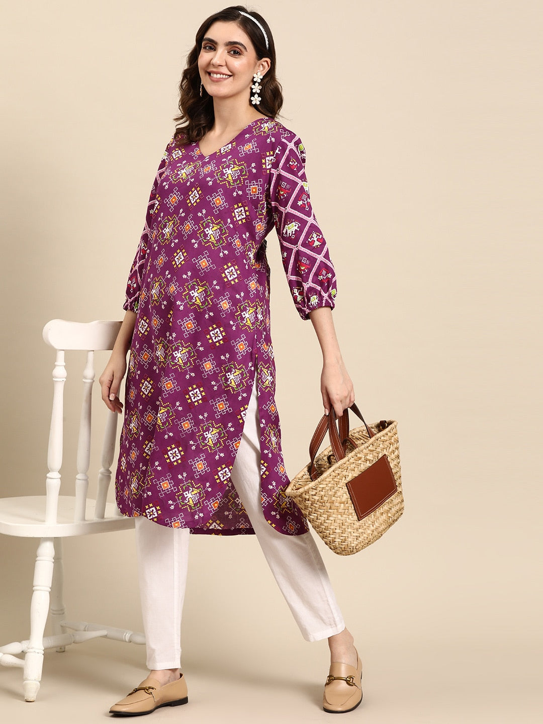 Sangria Ethnic Motifs Printed V-neck Puff Sleeves Kurta - Distacart