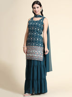 Thumbnail for Kalini Women Teal Floral Embroidered Kurta with Sharara & Dupatta - Distacart