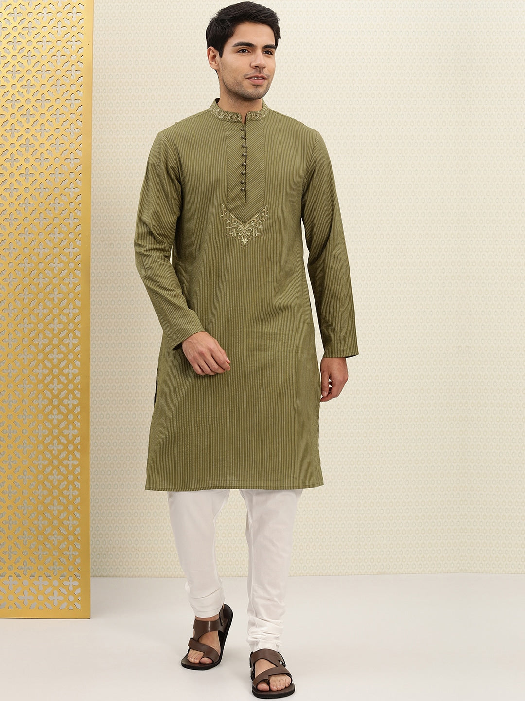 House of Pataudi Men Olive Green Striped Straight Kurta with Embroidered Detail - Distacart