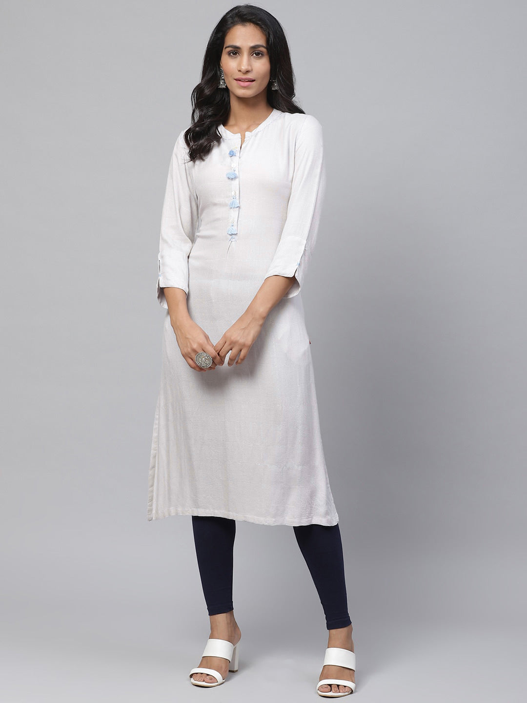 Biba Women Off-White & Silver Checked Straight Kurta - Distacart