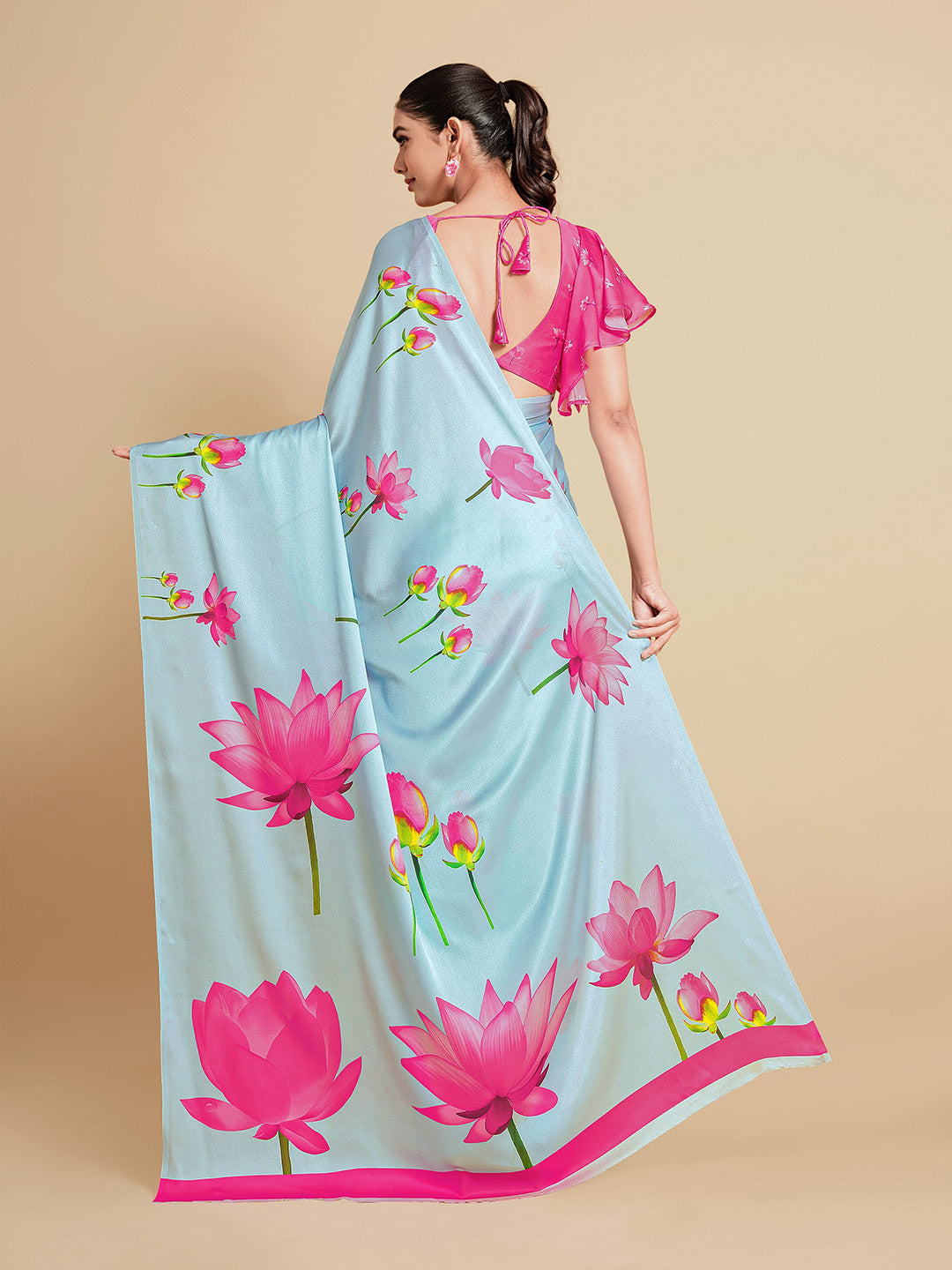 Sangria Turquoise Blue & Magenta Floral Zari Satin Saree - Distacart