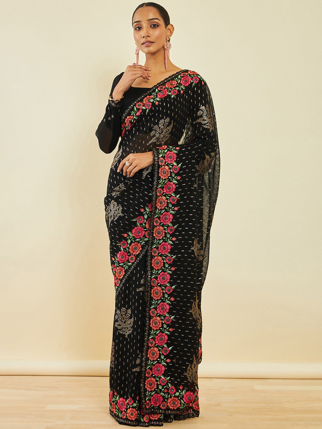 Soch Black & Pink Embellished Sequinned Saree - Distacart