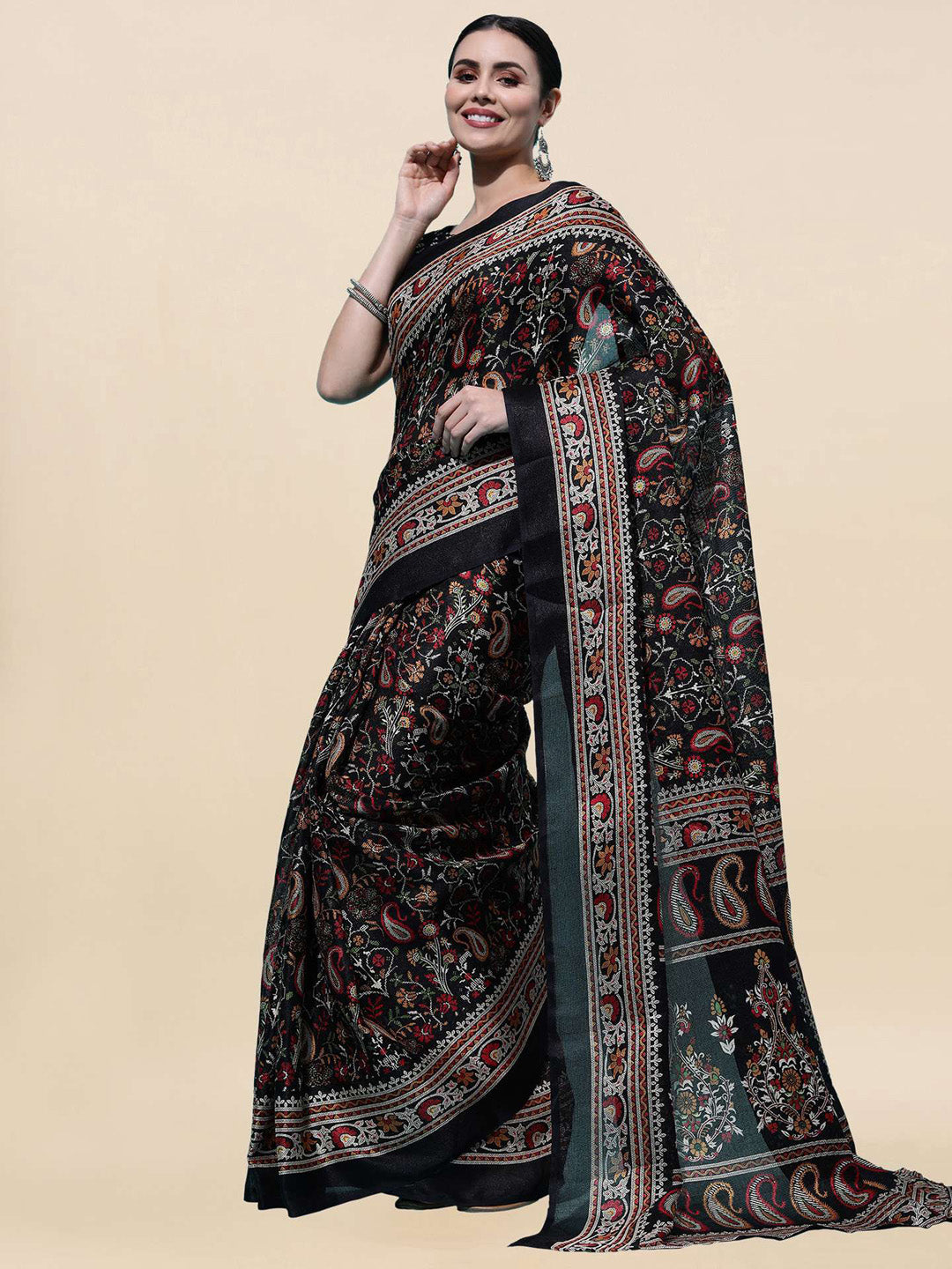 Kalini Black & Red Floral Jute Silk Ikat Saree - Distacart