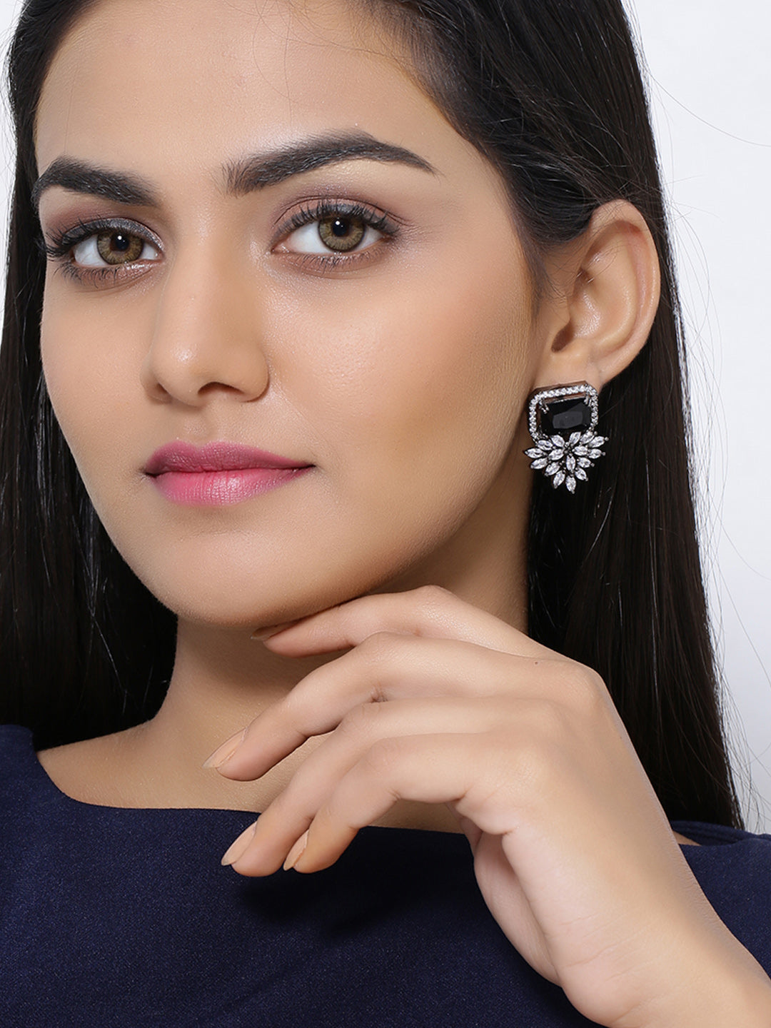 Shoshaa Silver-Plated & Black CZ Studded Contemporary Drop Earrings - Distacart