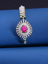 Thumbnail for Yellow Chimes Women Gold-Plated American Diamond Pink & White Studded Handcrafted Maang Tikka - Distacart