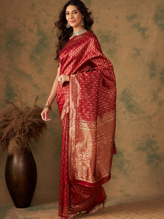 Sangria Red & Gold Toned Ethnic Motifs Woven Design Zari Banarasi Saree - Distacart