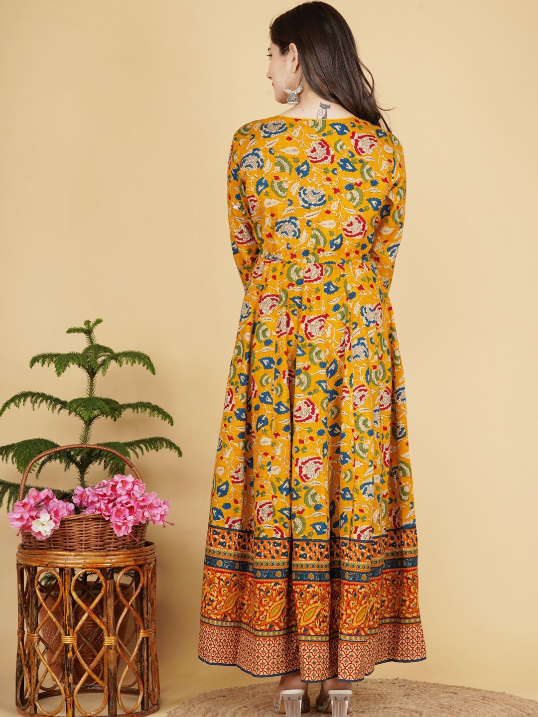 Kalini Women Mustard Yellow Floral Printed Anarkali Fusion Kurta - Distacart