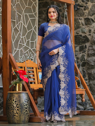 Tikhi Imli Blue Embroidered Organza Saree - Distacart