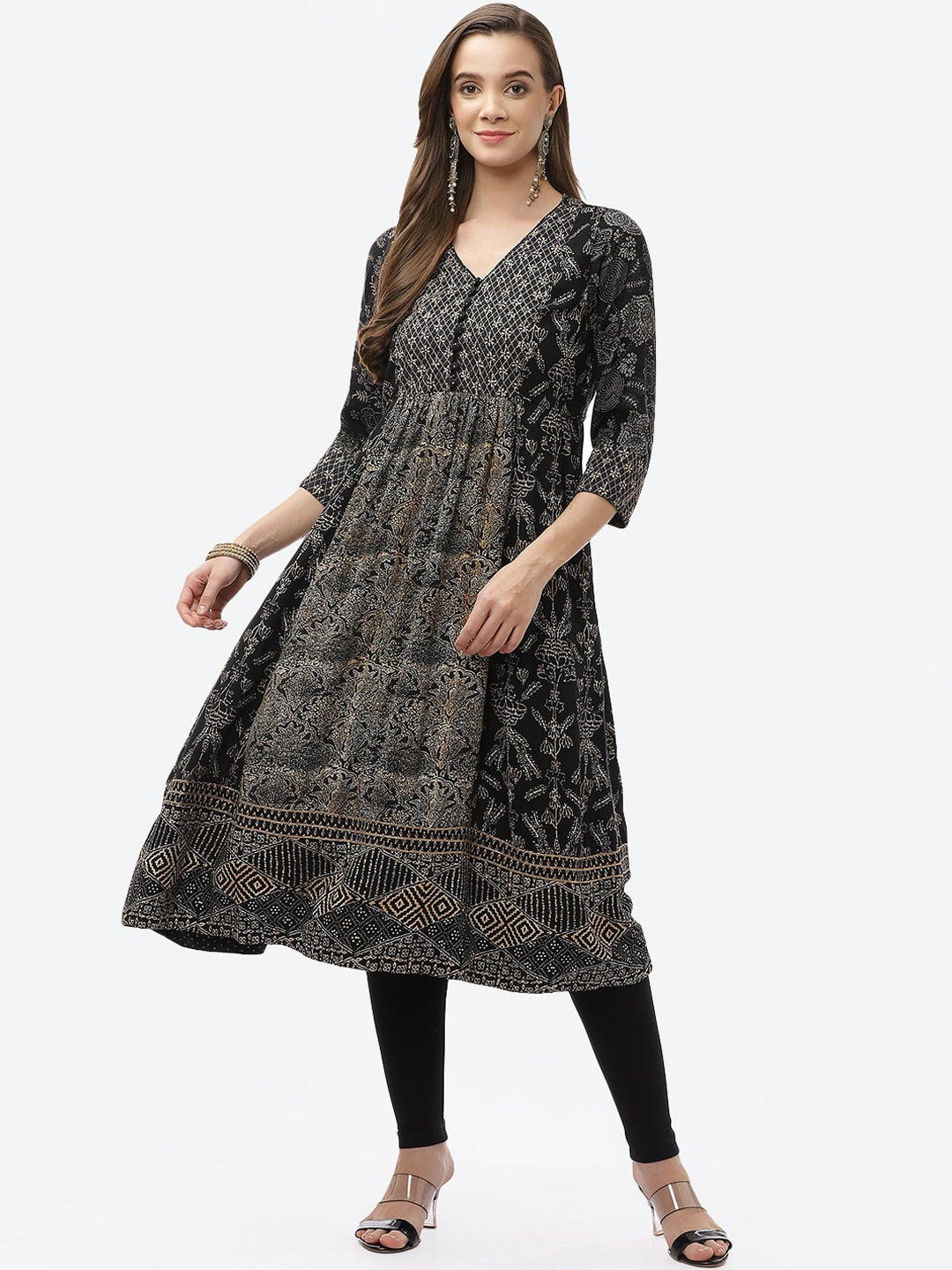 Biba Women Black Ethnic Motifs Printed Mirror Work Anarkali Kurta - Distacart