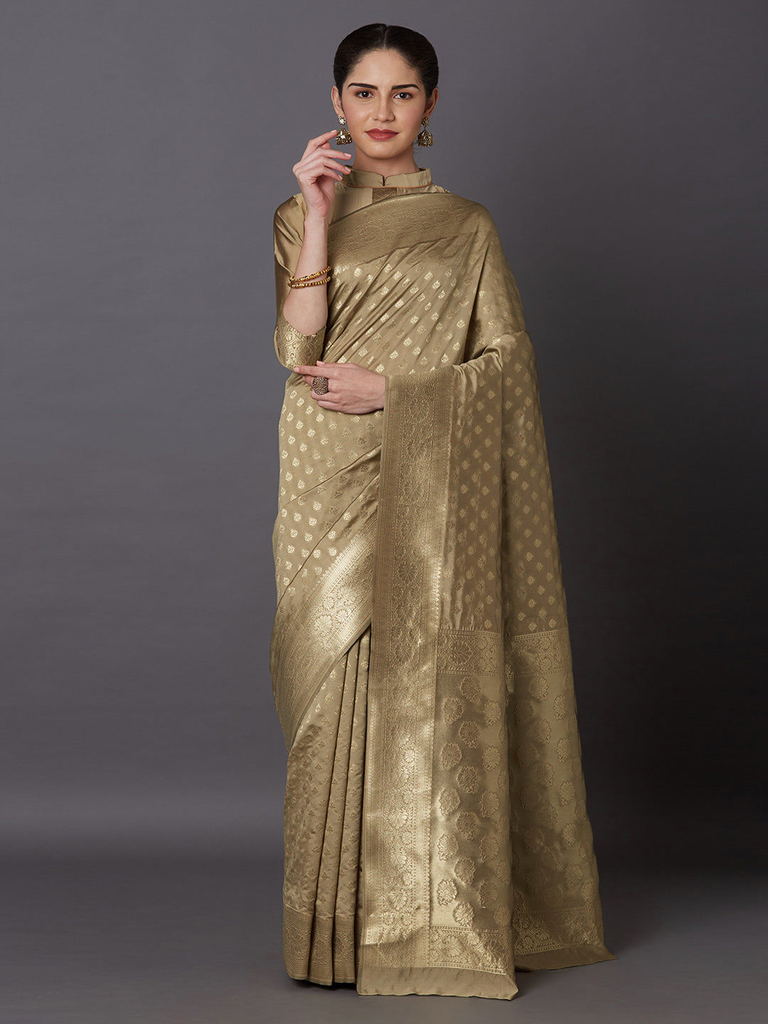 Mitera Beige Woven Design Kanjeevaram Saree - Distacart