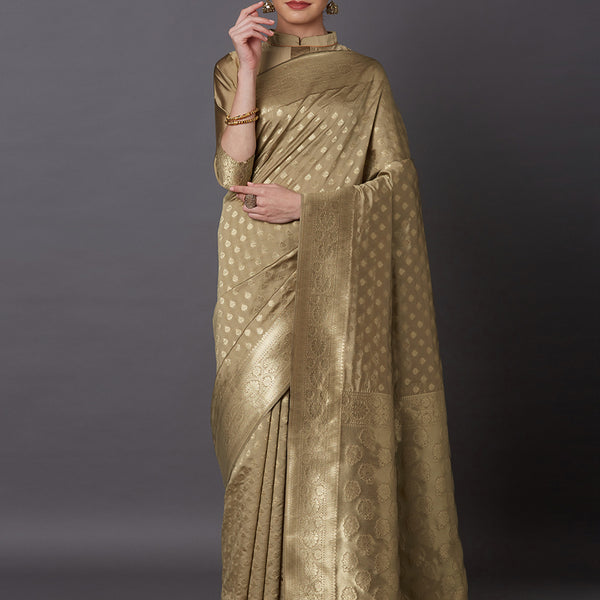 Mitera Beige Woven Design Kanjeevaram Saree - Distacart