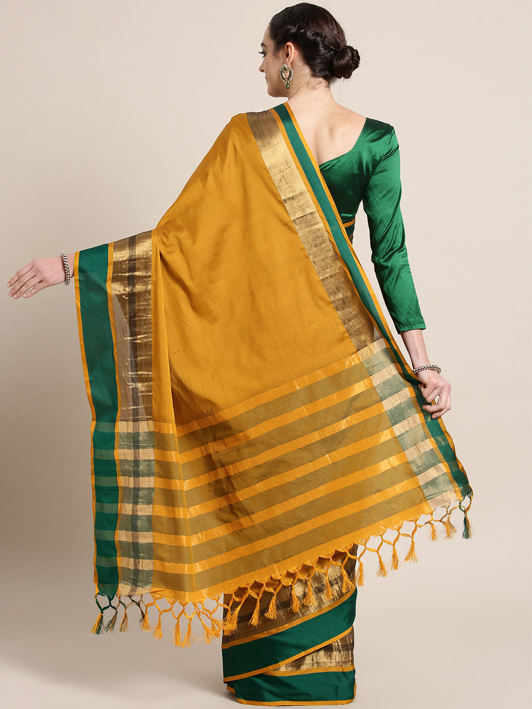 Saree Mall Mustard Yellow & Green Solid Saree - Distacart