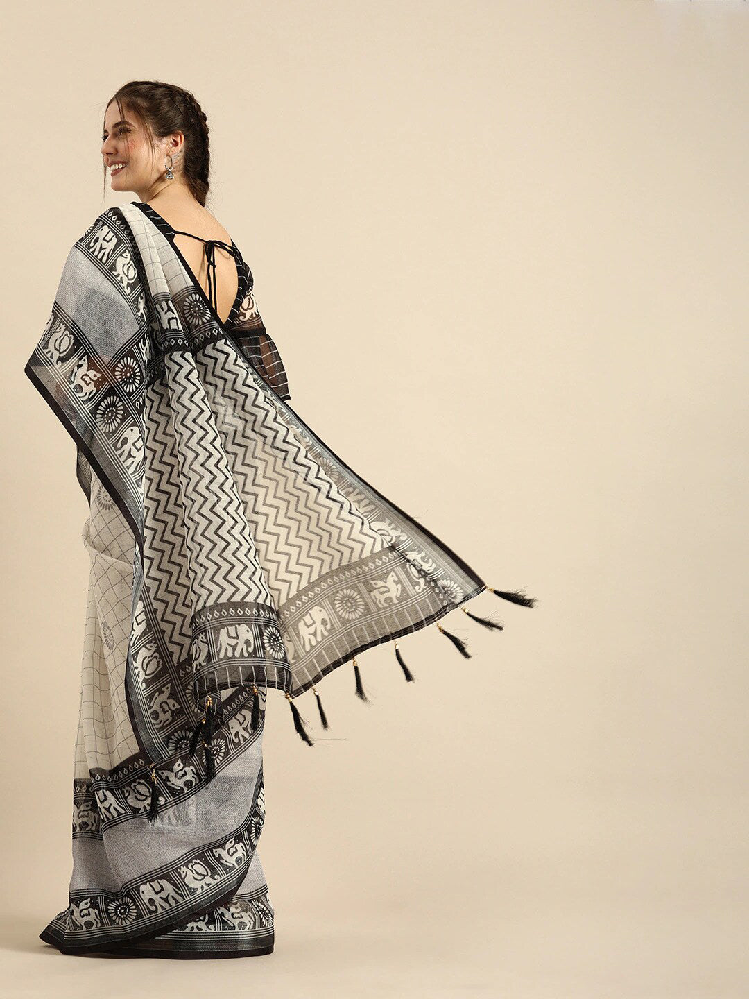 Sangria Black & Grey Ethnic Motifs Zari Pure Linen Saree - Distacart