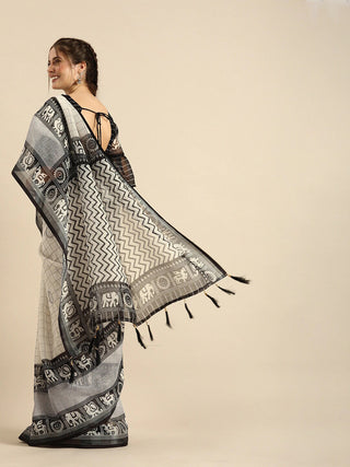 Sangria Black & Grey Ethnic Motifs Zari Pure Linen Saree - Distacart