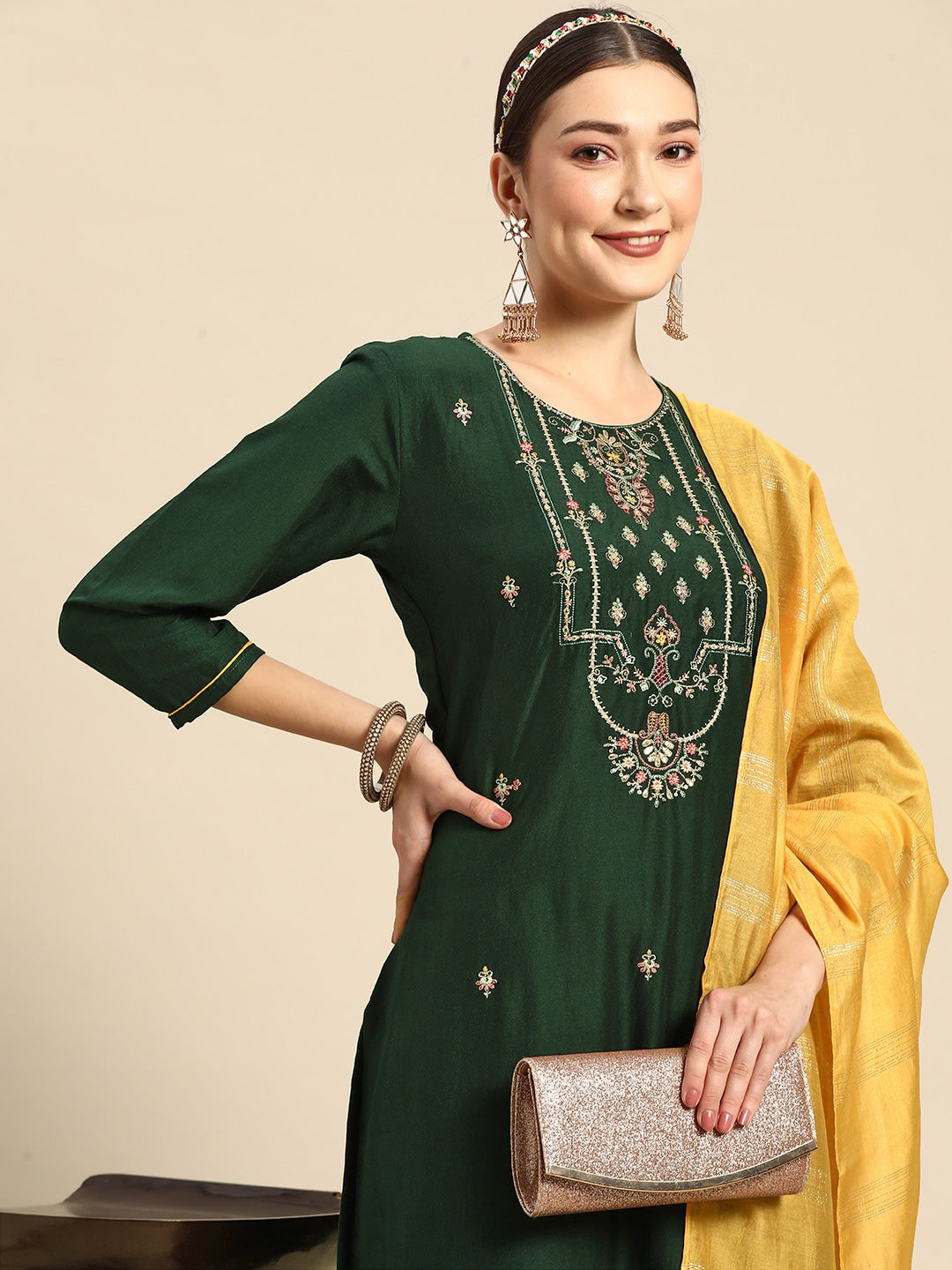 Sangria Women Green Ethnic Motifs Embroidered Pure Cotton Kurta with Trousers & With Dupatta - Distacart