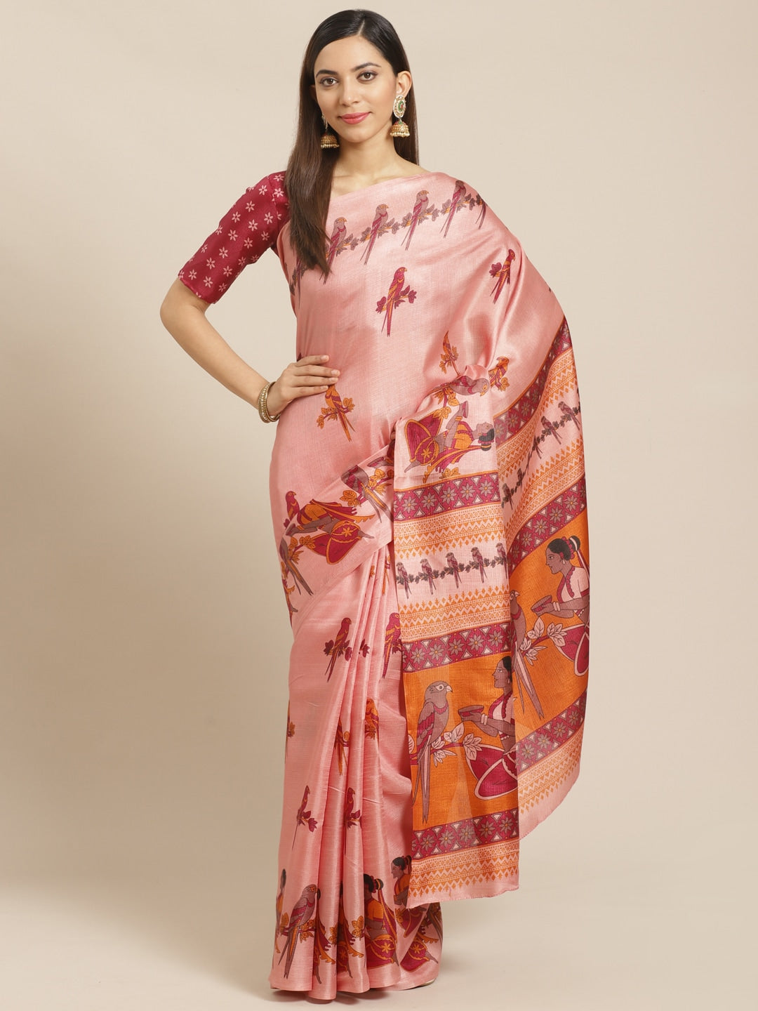 Saree Mall Peach-Coloured & Maroon Warli Print Bhagalpuri Saree - Distacart