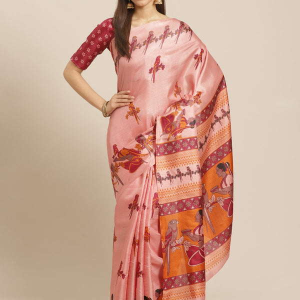 Saree Mall Peach-Coloured & Maroon Warli Print Bhagalpuri Saree - Distacart