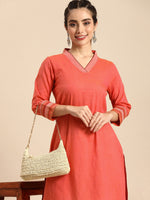 Thumbnail for Sangria Women Coral Orange Solid Pure Cotton Kurta - Distacart