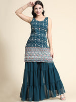 Thumbnail for Kalini Women Teal Floral Embroidered Kurta with Sharara & Dupatta - Distacart