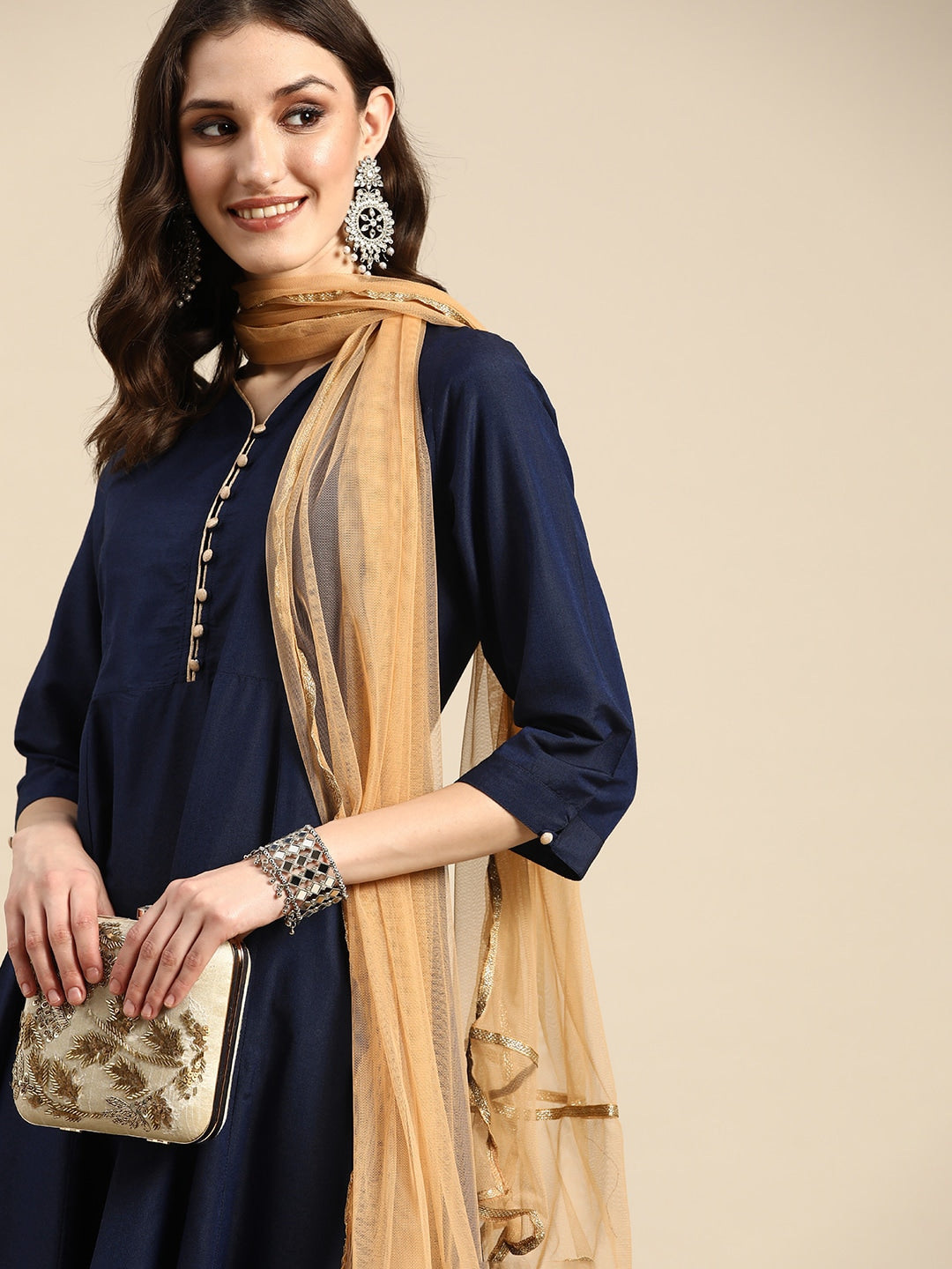 Sangria Women Navy Blue & Beige Embroidered Anarkali Kurta with Dupatta - Distacart