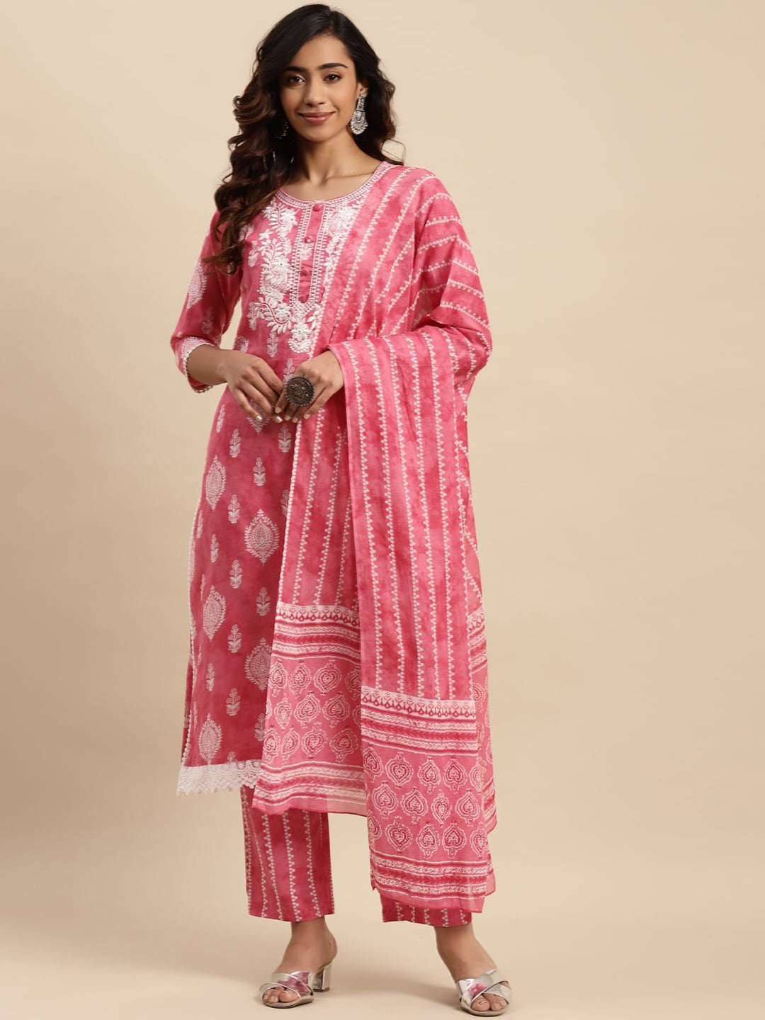 Sangria Ethnic Motifs Printed Thread Work Pure-Cotton A-Line Kurta With Trouser & Dupatta - Distacart