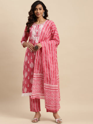 Sangria Ethnic Motifs Printed Thread Work Pure-Cotton A-Line Kurta With Trouser & Dupatta - Distacart