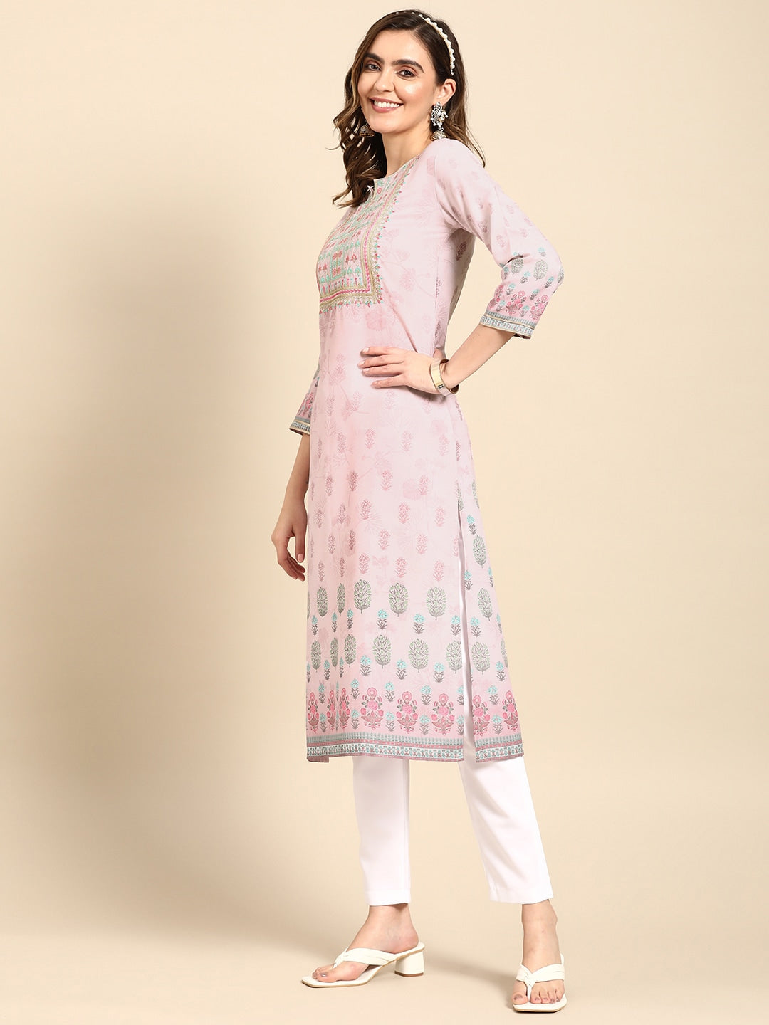Sangria Women Pink Floral Embroidered Kurta - Distacart
