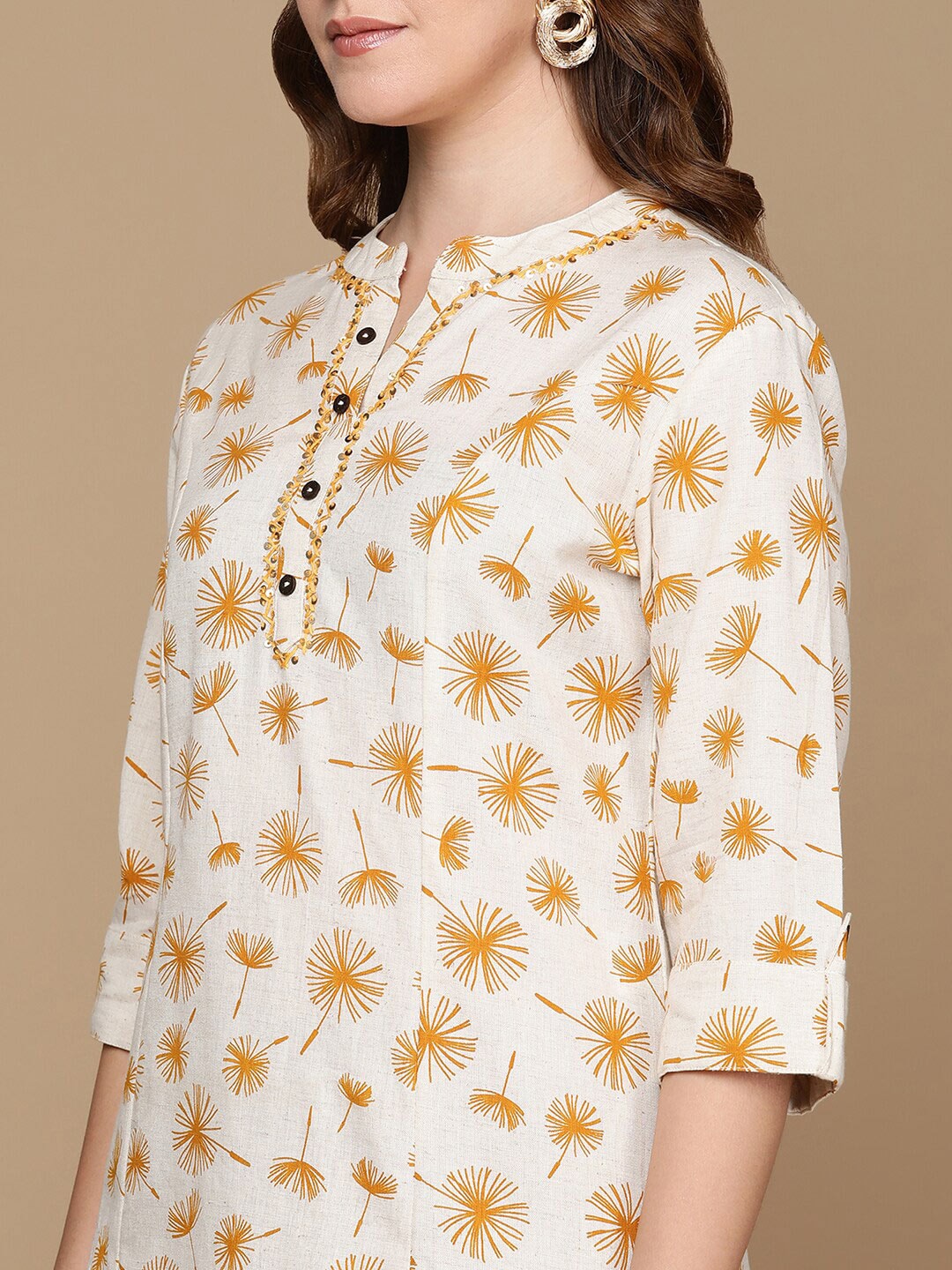 HERE&NOW Off White & Mustard Yellow Floral Printed Thread Work Sequinned Cotton Kurta - Distacart