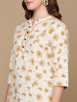 Thumbnail for HERE&NOW Off White & Mustard Yellow Floral Printed Thread Work Sequinned Cotton Kurta - Distacart