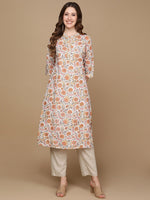 Thumbnail for HERE&NOW White & Yellow Floral Printed Sequined Cotton Kurta - Distacart